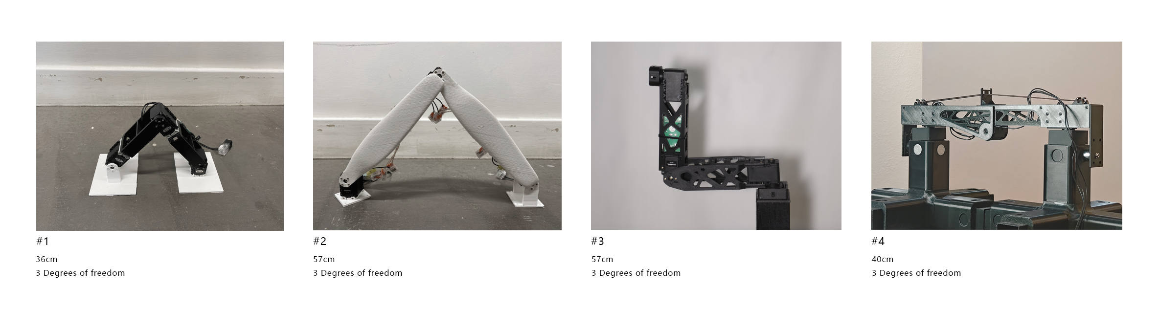 Four physical prototype iterations testing robotic arm length, material stiffness and connection logic