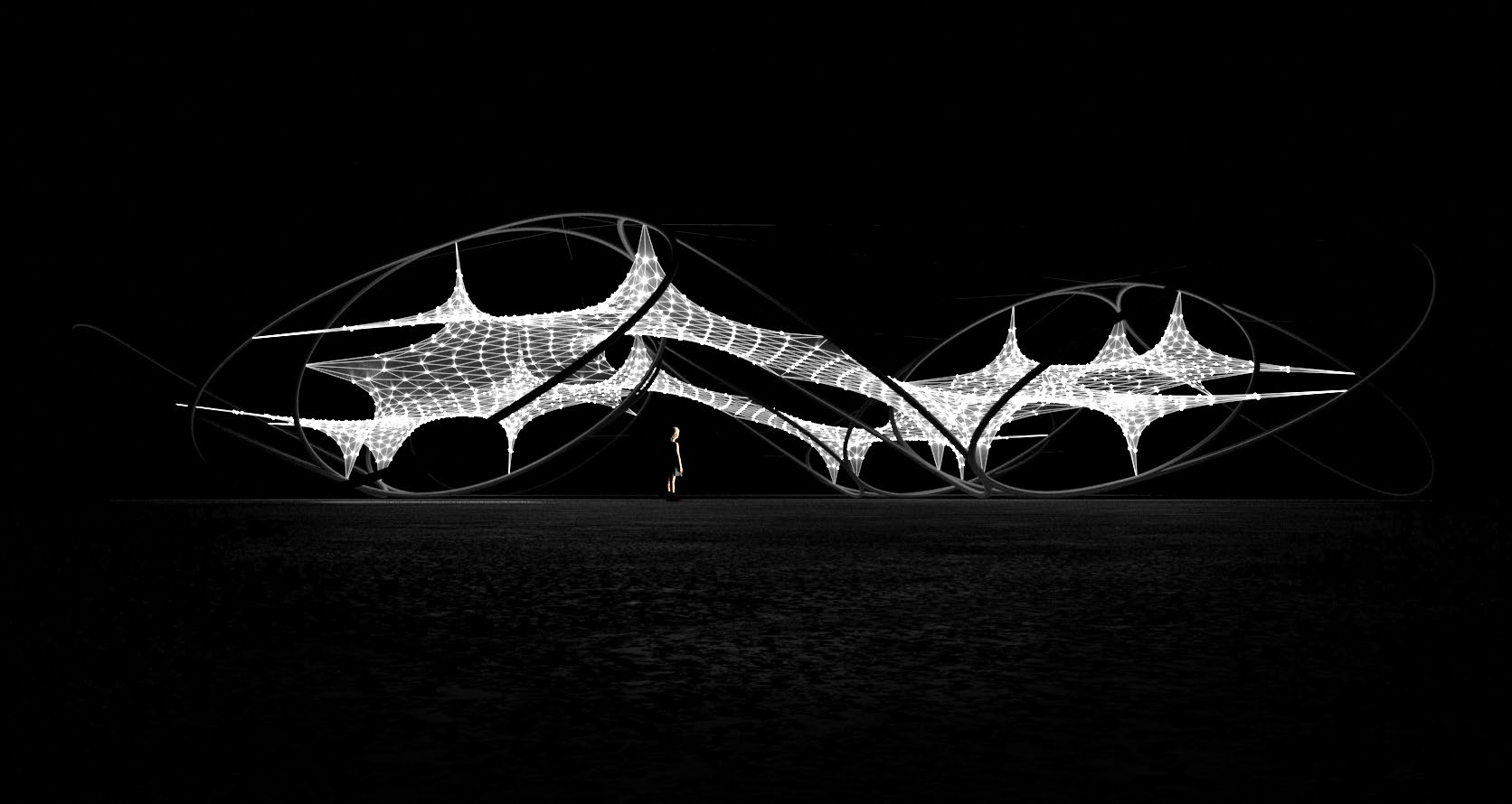 A white generative tensile structure on a dark background